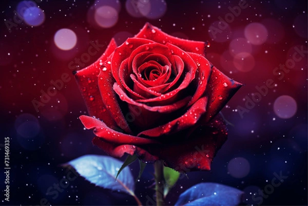 Fototapeta A dreamy red rose on a dark red and indigo background evokes romance and femininity with subtle lighting.
