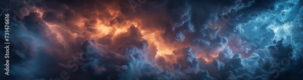 Fototapeta Panorama Dark cloud at night with thunder bolt. Heavy storm bringing thunder, lightnings and rain in summer.