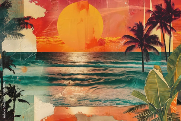 Fototapeta Retro tropical beach with collage art abstract background. Generative ai.