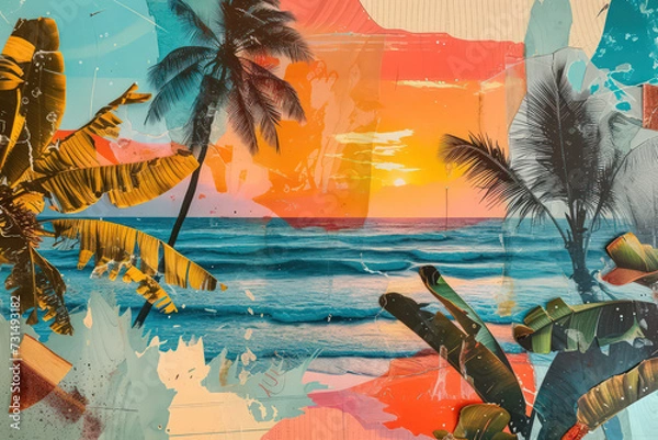 Fototapeta Retro tropical beach with collage art abstract background. Generative ai.