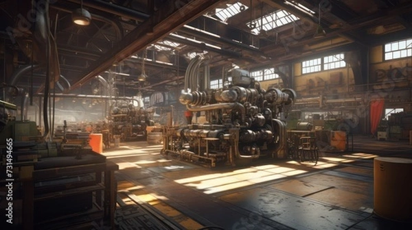 Obraz Interior of a factory workshop showcasing industrial machines in operation.