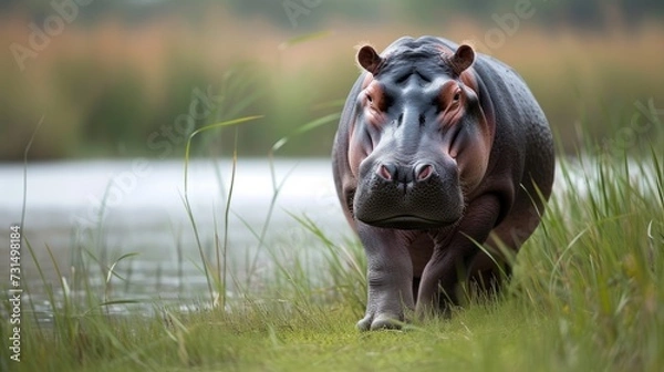 Fototapeta Hippo walking through the grass in the warm morning light