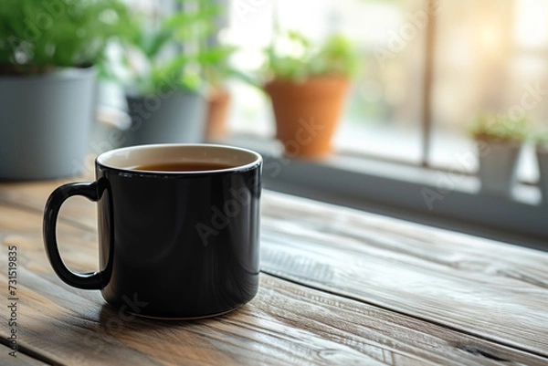 Fototapeta Black mug of coffee on wooden table. Relax time with hot drinks.