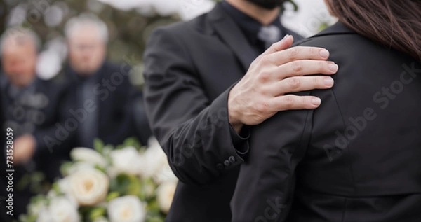Fototapeta In the image, there is a funeral where people are dressed in black. A woman is hugging a man wearing a suit, and there is a close-up of their hands. A bouquet of white roses is also present