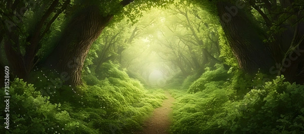 Obraz A vibrant green lush forest with numerous trees, rich grass, and sunlight creating exotic fantasy landscapes. The scene evokes the essence of Southeast Asia's deep tropical jungles.