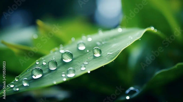 Fototapeta A plant leaf with a blurred background of a garden and a droplet of water reflecting light is pearling along the leaf. Generative AI
