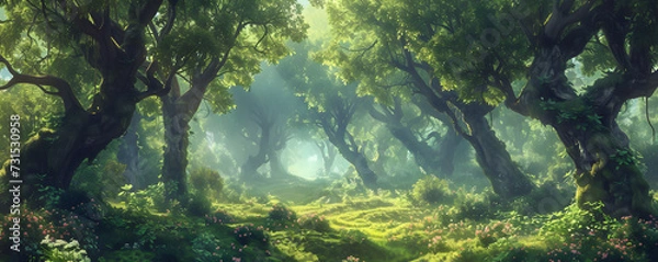 Fototapeta A vibrant green lush forest with numerous trees, rich grass, and sunlight creating exotic fantasy landscapes. The scene evokes the essence of Southeast Asia's deep tropical jungles.