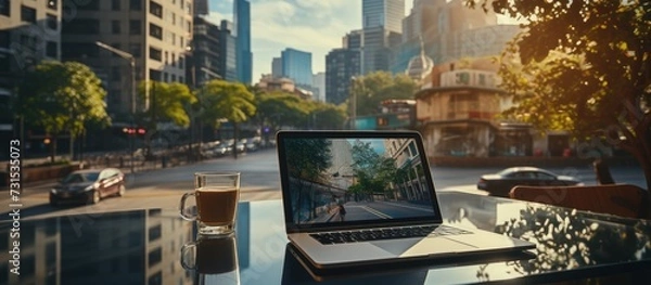 Obraz Laptop with blank screen and glass of coffee on the table. city background with blurred view