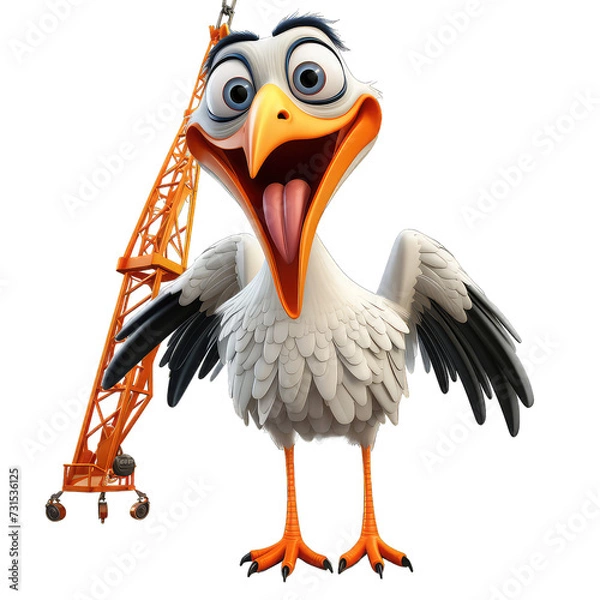 Fototapeta 3D Rendering of Crane Cartoon character on Transparent Background
