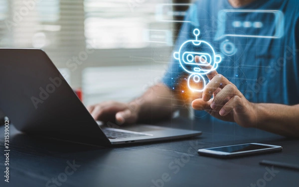 Fototapeta AI. Digital chatbot experience at your fingertips. Communication technology using chatbot robots and access to big, globally connected data.