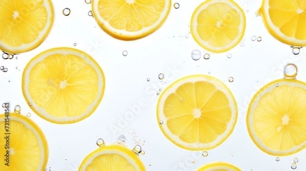 Fototapeta Lemon slices floating in the crystal clear water. Refreshment concept. AI generated image.