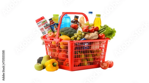 Obraz Plastic shopping basket with a variety of grocery items.