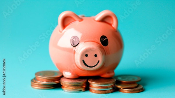 Fototapeta money box in the shape of a small pig on a light blue background