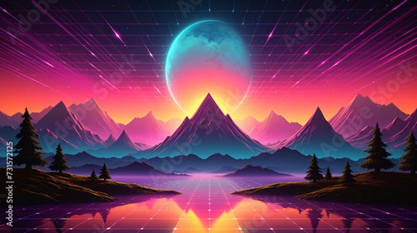 Fototapeta Beautiful mountain range landscape with a sunset. 80s Retro wave themed background