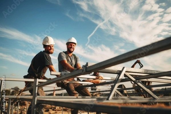 Fototapeta https://s.mj.run/tDVXwzHSiVM young strong men on construction site building metal frame house --ar 3:2 Job ID: 095037da-26db-4f08-98b7-a99736eac28d