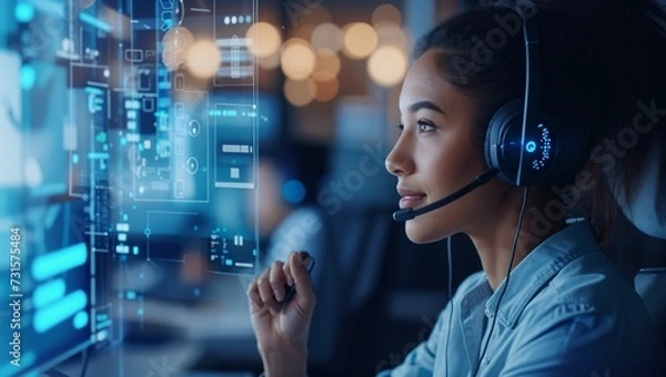 Fototapeta Visuals representing customer service and support, including headsets, customer interaction, and help desks