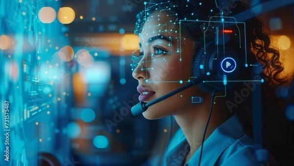 Fototapeta Visuals representing customer service and support, including headsets, customer interaction, and help desks