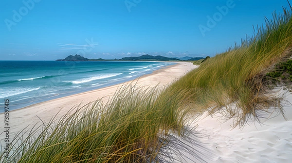 Fototapeta A pristine sandy beach, with turquoise waves as the background, during a tranquil summer afternoon