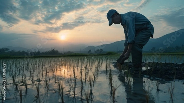 Fototapeta Silhouette of a farmer wearing a hat applying fertilizer to rice in a paddy field in the morning, with a green mountain view in the background. Created with Generative AI.