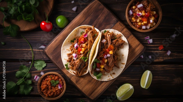 Fototapeta Homemade slow cooker chicken taco with corn served on rustic ceramic plate on wooden table, mexican style