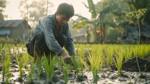 Fototapeta A farmer in a rice field planting rice seedlings. The natural countryside background with sunlight shining through. Created with Generative AI.