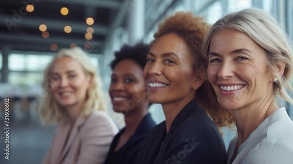 Fototapeta Four professional women of diverse ethnicities share a laugh, showcasing teamwork, diversity, and positivity in a business setting