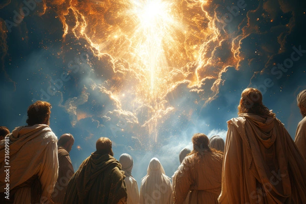 Fototapeta Imagination of The disciples witnessing the ascension of Jesus, left in awe and anticipation of the promised coming of the Holy Spirit. Concept of ascension and anticipation. Generative Ai.