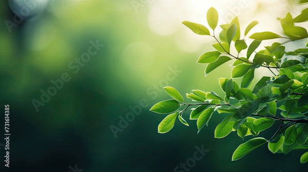 Fototapeta blurry soft bokeh green nature background with plants and leaves illuminated by sunlight in forest