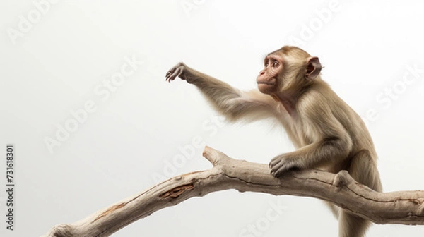 Fototapeta wild baby monkey hanging on a branch isolated on white background
