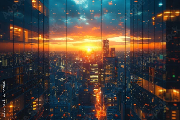Obraz A cityscape captured during golden hour, with the balanced interplay of skyscrapers and shadows, highlighting the geometric beauty of urban environments.  Generative Ai.