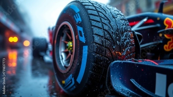 Fototapeta Formula 1 car close up of the front tire - Generative AI