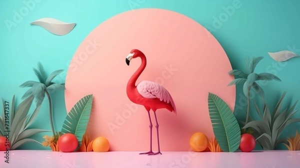 Fototapeta A flamingo standing in front of a pink background with palm trees to the side.