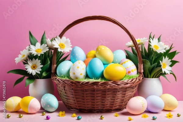 Fototapeta Basket with colorful Easter eggs and blooming flowers on the table on pink background.