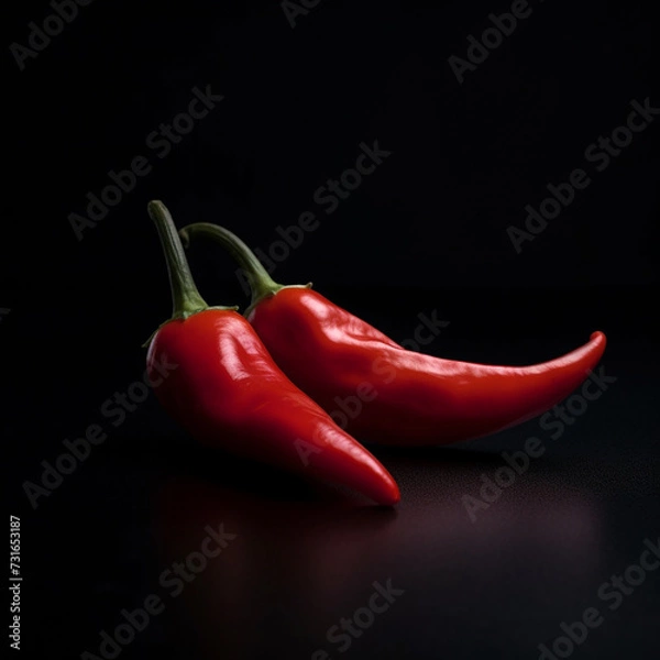 Fototapeta Two Red Chili Peppers on a Dark Background: The Spice of Minimalism