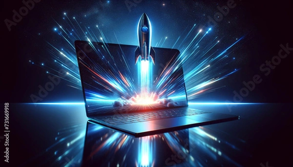 Fototapeta Rocket launch on laptop, flying rocket icon, business startup project concept. 3d render illustration. generative AI, space kouncher, rocket louncher, laptop with rocket, rocket, futuristic