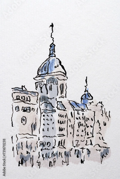 Fototapeta City sketch created with black ink and markers. Color illustration on watercolor paper