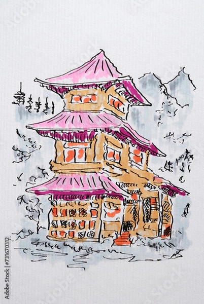 Fototapeta House sketch created with black ink and markers. Color illustration on watercolor paper