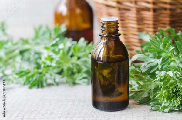 Obraz Small bottle with essential wormwood oil (extract, tincture, infusion). Old wooden background. Aromatherapy, spa and herbal medicine concept. Copy space.