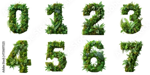 Fototapeta Numbers 0-7 made of the vibrant green ecosystem of moss, ferns, and monstera plants.