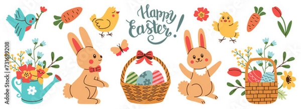 Fototapeta Set of Easter and Spring design elements. Rabbit, eggs, chicken, butterfly, tulips, flowers, branches, basket.