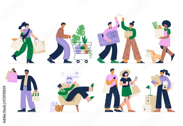 Fototapeta Set of different customers. People make purchases at stores. People shopping online on the phone and in the metaverse. Vector flat illustrations on a white background.