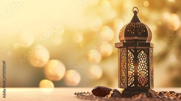 Fototapeta Ramadan and Eid concept light cream color new background with dates and arabic traditional lantern