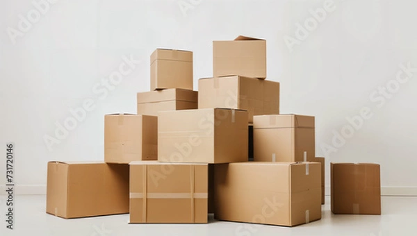 Fototapeta Stacked cardboard boxes with room for individual customizations against a bright background