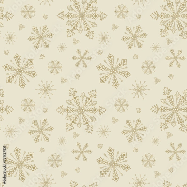 Fototapeta Simple seamless pattern of   gold snowflakes on a beige background. New Year's festive theme. Vector design for winter decor, print, wallpaper, packaging, web design, textiles, covers, invitations