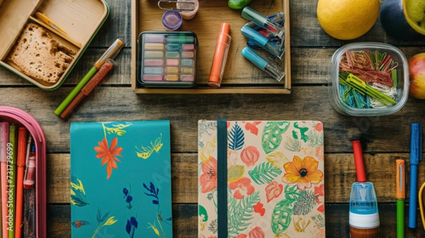 Fototapeta inviting scene featuring a variety of eco-friendly school supplies, including recycled notebooks adorned with nature