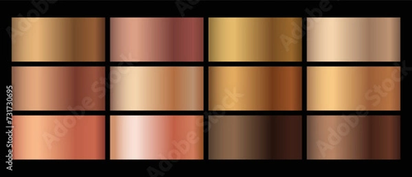 Fototapeta Color palette gradient set. Metallic gold, bronze, beige gradient vector colorful swatches texture set.  Gold, bronze metal pattern set. 