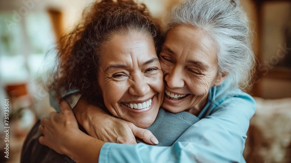 Fototapeta Elderly Mother and Grown Daughter Sharing a Laugh in a Tender Hug
