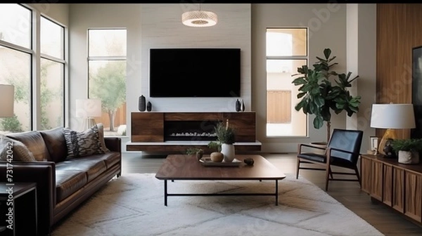 Fototapeta Stylish living room with a comfortable couch, a modern table, and a large TV set. AI-generated.