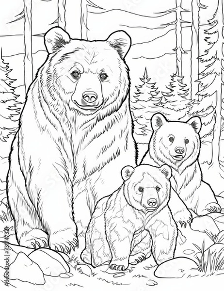 Fototapeta AI generated illustration of a family of bears standing together on a white background