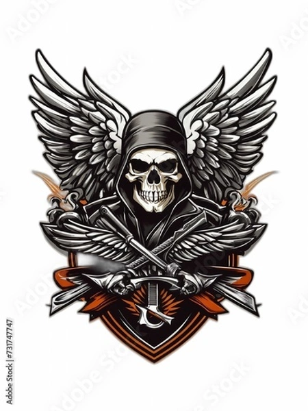 Fototapeta AI generated illustration of A black and white image of a winged skull wearing a hat and a hood